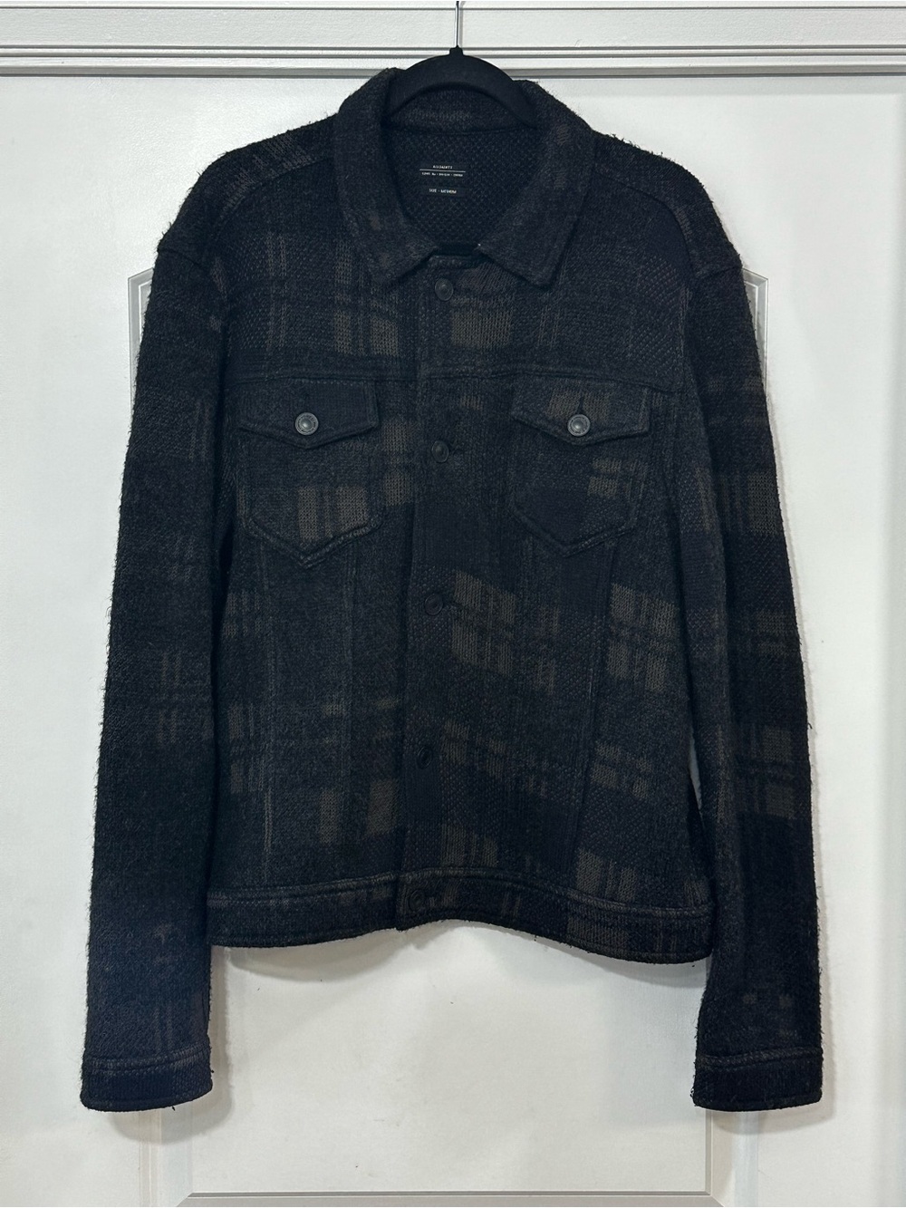 AllSaints Plaid Knit Trucker Jacket – Charcoal / Dark Grey – Size Medium